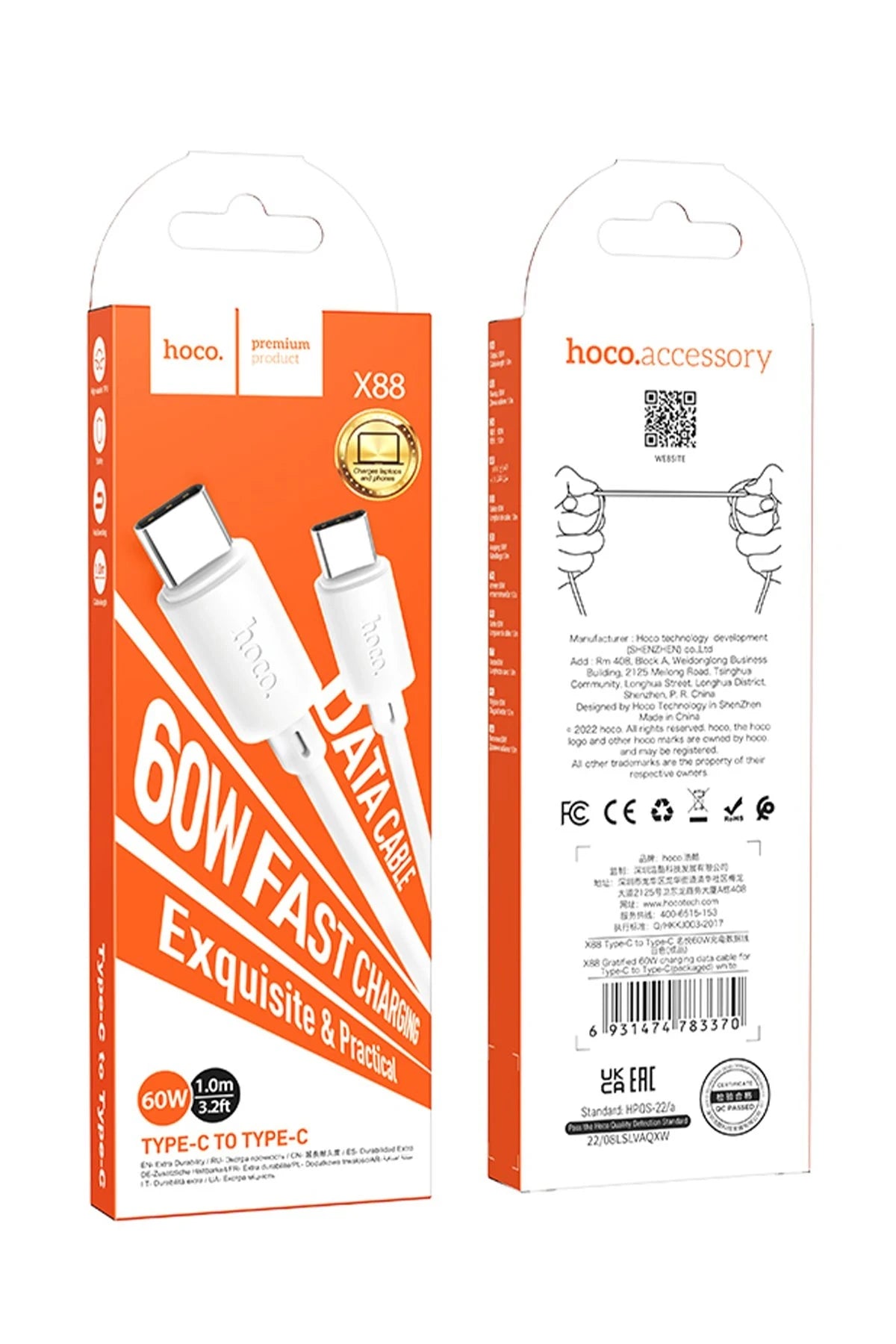 Hoco. X88 1M 60W Type-C to Type-C PD Hızlı Şarj Data Kablosu - Beyaz