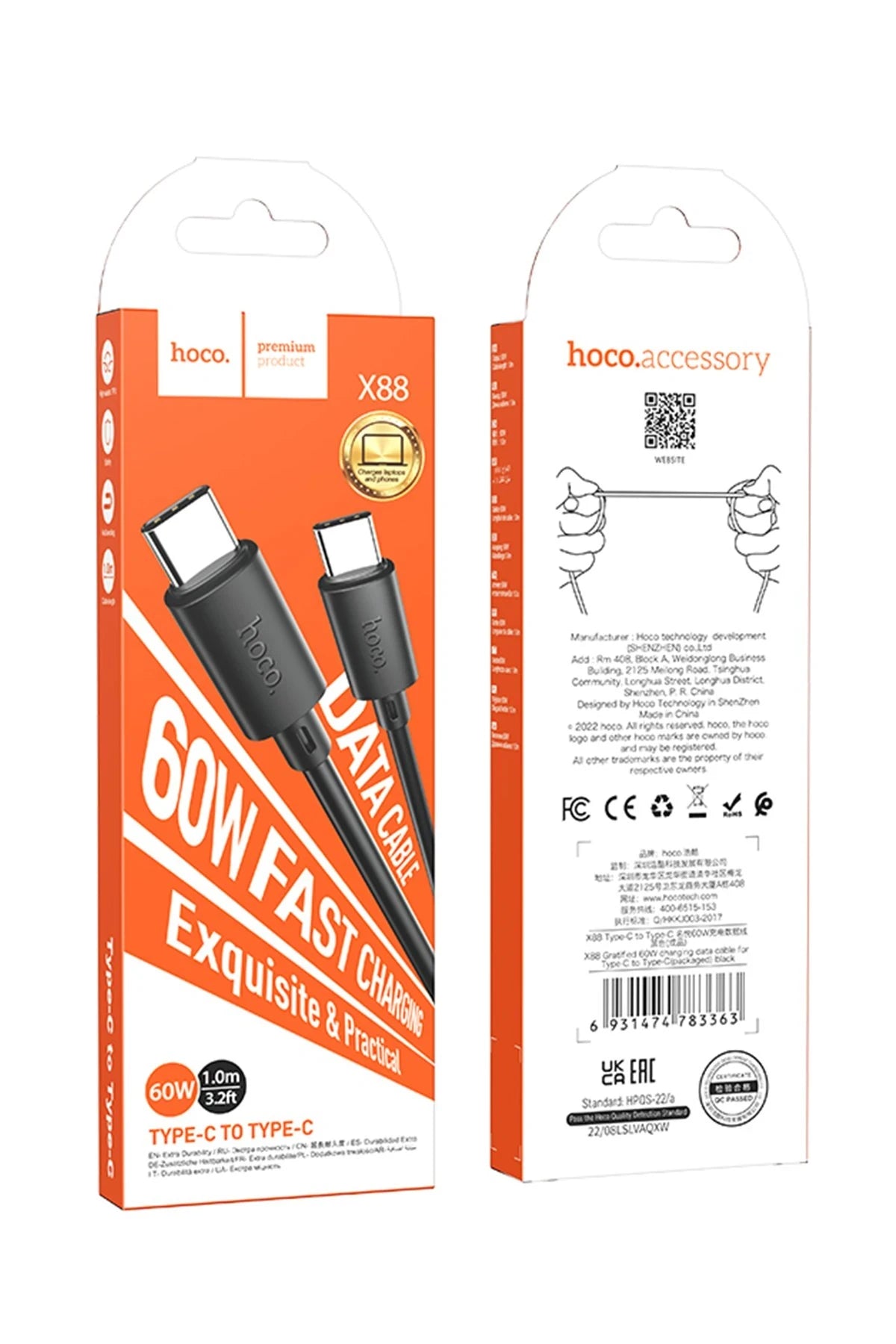 Hoco. X88 1M 60W Type-C to Type-C PD Hızlı Şarj Data Kablosu - Siyah