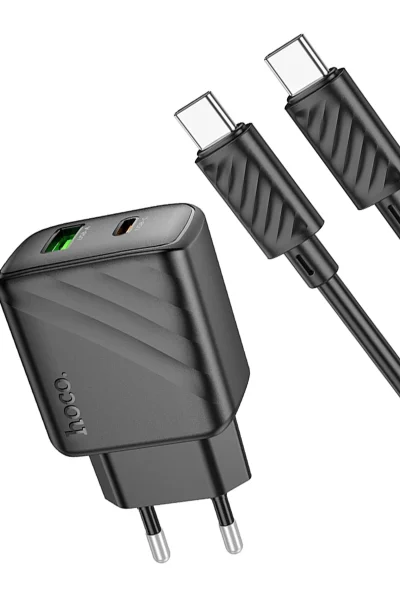Hoco. CS23A Sunlight 30W 1 Adet Type-C ve 1 Adet USB 3.0 QC Çıkışlı Ekstra Type-C to Type-C Kablolu PD Hızlı Şarj Aleti - Siyah