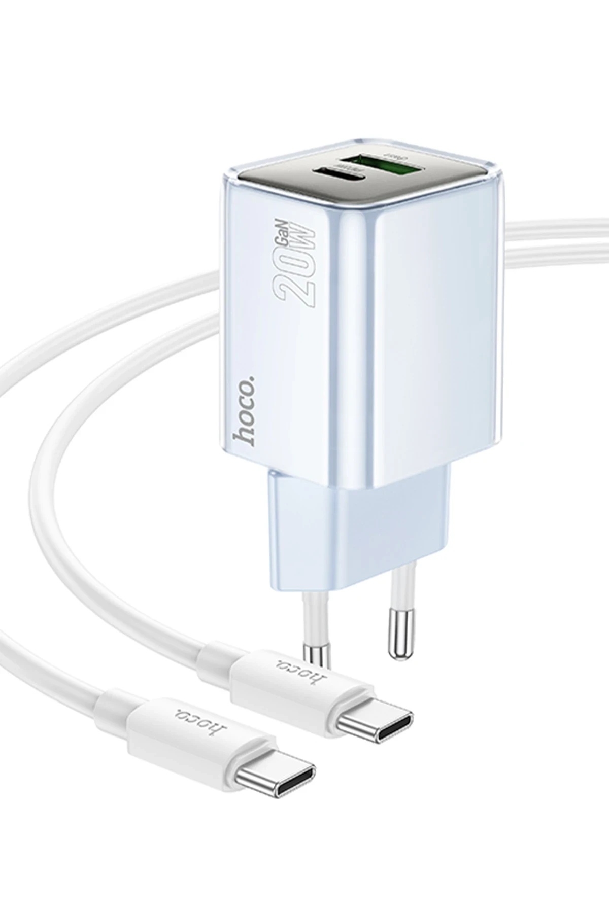 Hoco. N46 Glorious 1 Adet Type-C ve 1 Adet USB Çıkışlı Ekstra Type-C to Type-C Kablolu 20W PD Hızlı Şarj Aleti - Mavi