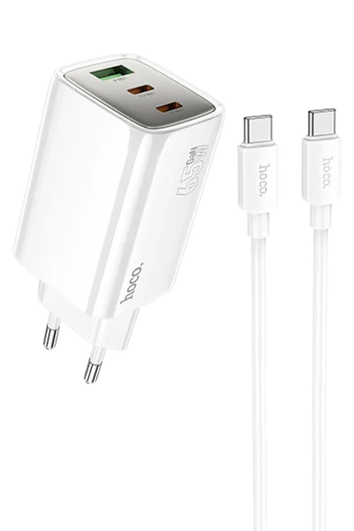Hoco. N49 Glorious 2 Adet Type-C ve 1 Adet USB Çıkışlı Ekstra Type-C to Type-C Kablolu 65W PD Hızlı Şarj Aleti - Beyaz