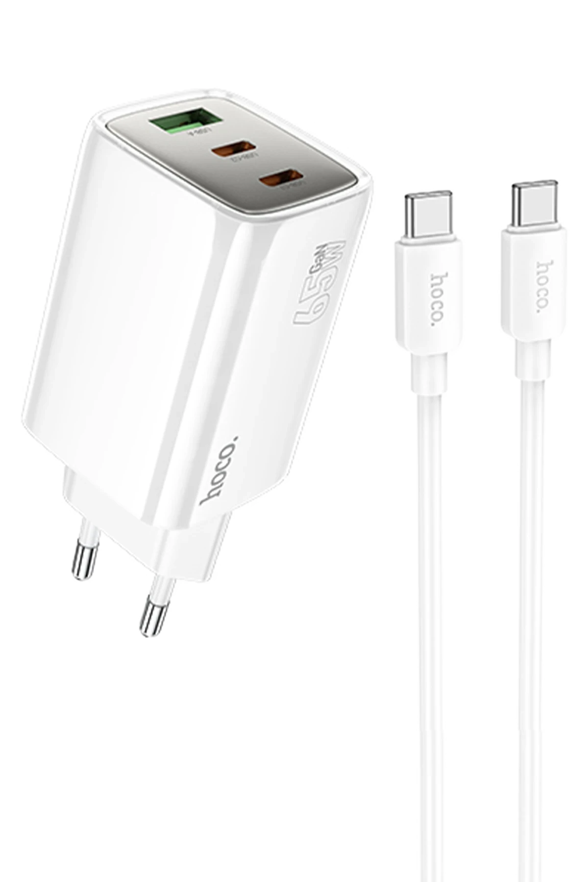 Hoco. N49 Glorious 2 Adet Type-C ve 1 Adet USB Çıkışlı Ekstra Type-C to Type-C Kablolu 65W PD Hızlı Şarj Aleti - Beyaz